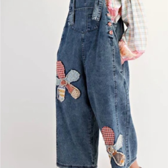 Easel Boho Blue Denim Bib Overalls with Floral Patches - Picture 5 of 12